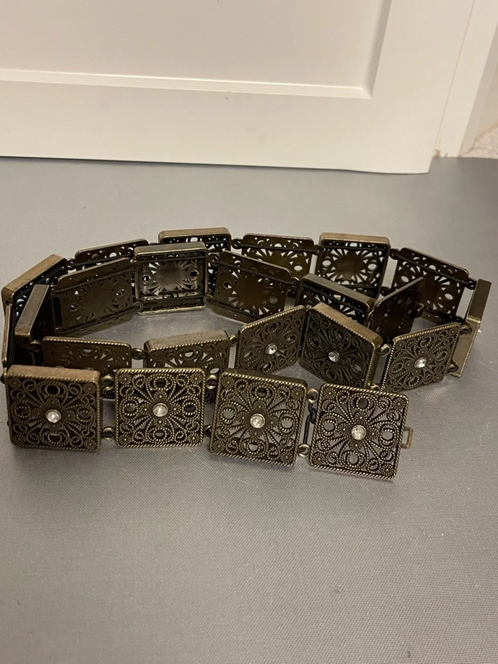 Vintage Style Filigree Stretch Belt with Rhinestone Bohemian Concho Accents